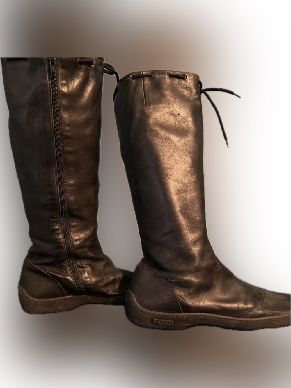 Fendi Brown Leather Knee-High Zip Lace-Up Boots